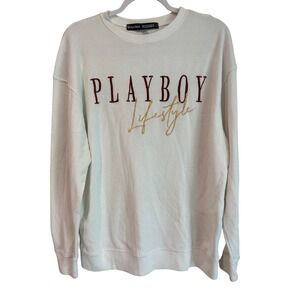 PLAYBOY Lifestyle Waffle Knit Crewneck Thermal Style White Long Sleeve Top